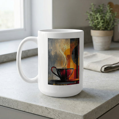 White 15oz Painterly Steam ceramic mug on a kitchen bench featuring a golden disc, sweeping steam and distressed geometric panels.