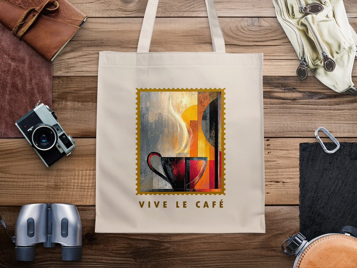 Painterly Steam canvas tote bag with charcoal-red cup, cream steam, golden disc and gold serrated stamp border.