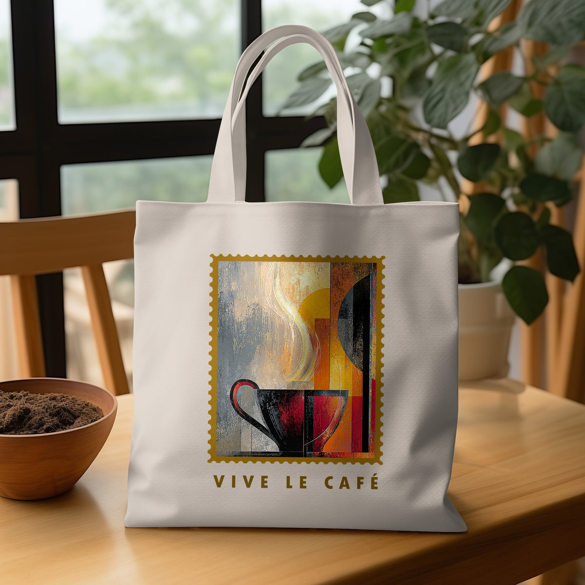 Painterly Steam Tote Bag with charcoal-red cup, golden disc, geometric panels and VIVE LE CAFE golden lettering on wooden table.