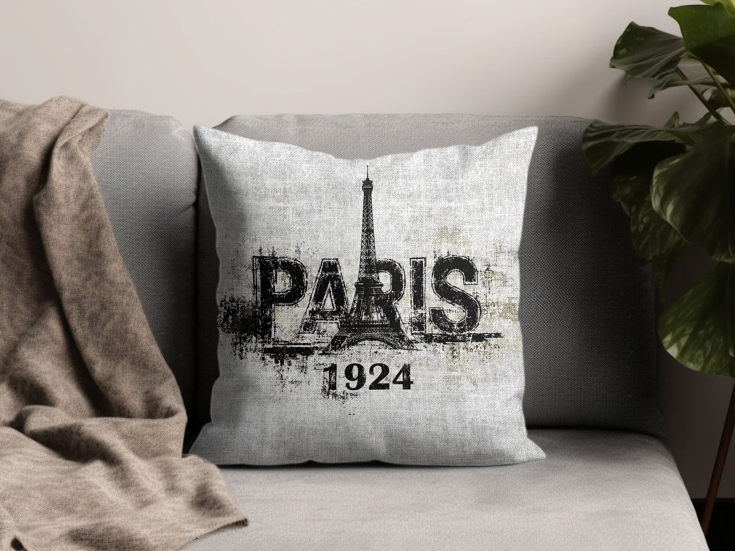 Add vintage charm to sofas and chairs with the Paris 1924 cushion, showcasing the Eiffel Tower in detailed illustration.