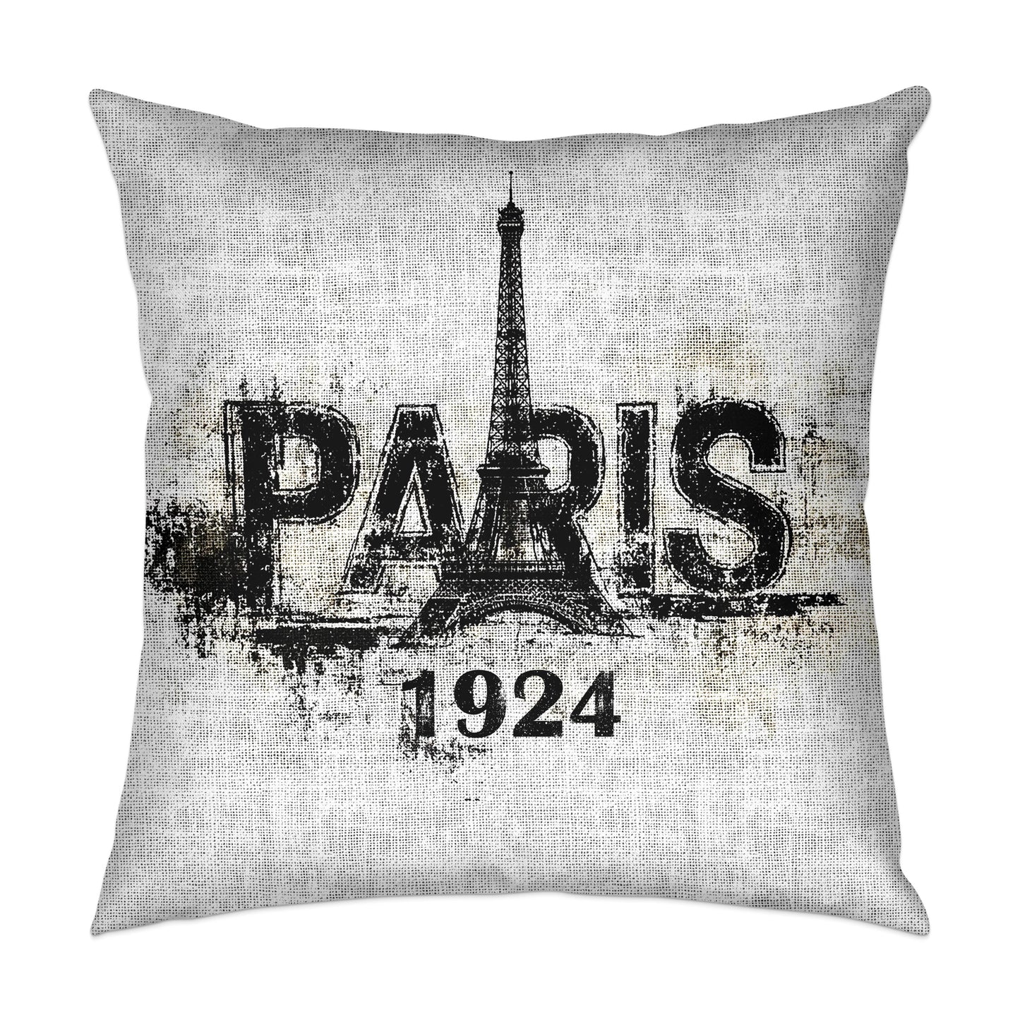 Paris 1924 throw pillow featuring Eiffel Tower artwork, made from soft poly-poplin fabric with insert and hidden zipper.