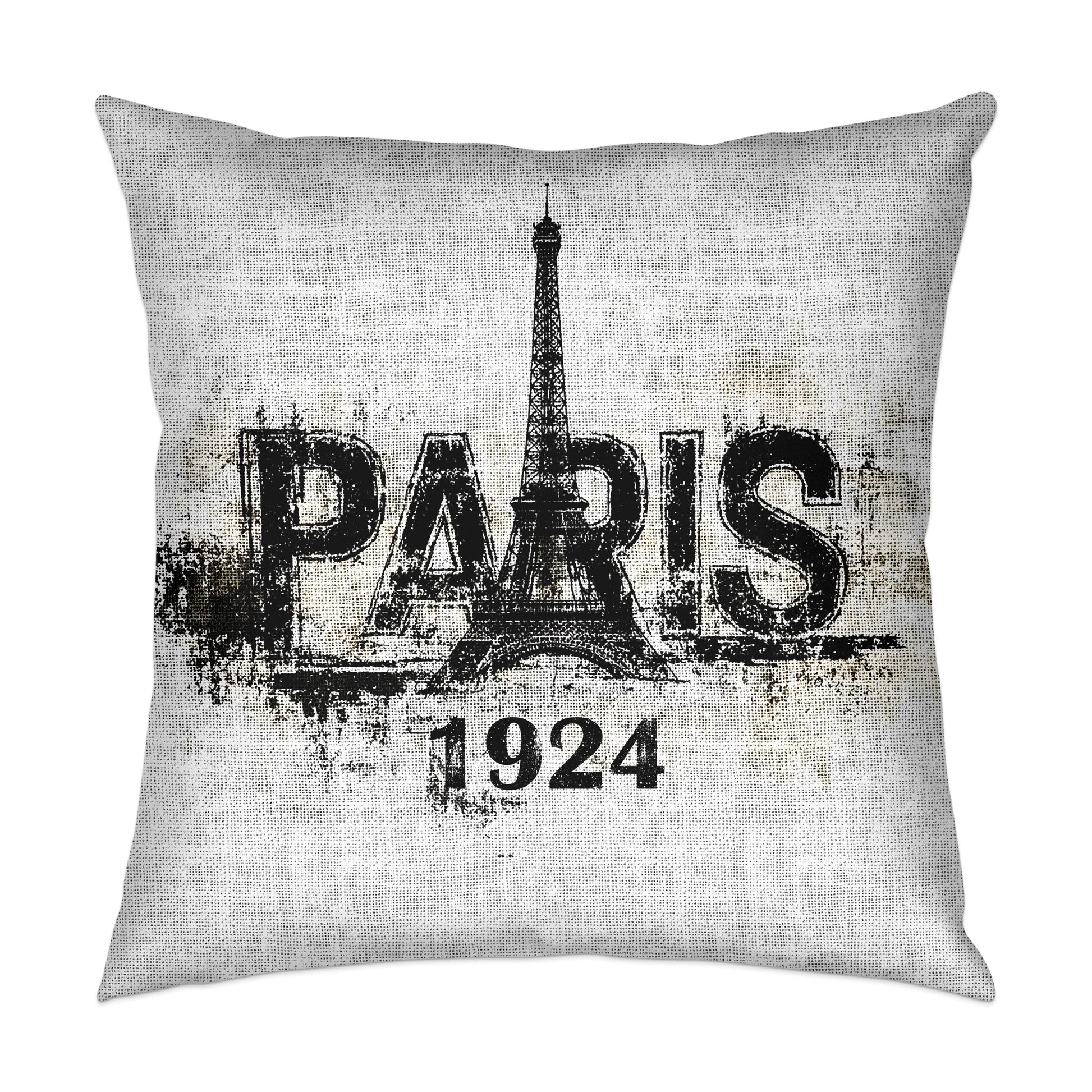 Paris 1924 throw pillow featuring Eiffel Tower artwork, made from soft poly-poplin fabric with insert and hidden zipper.