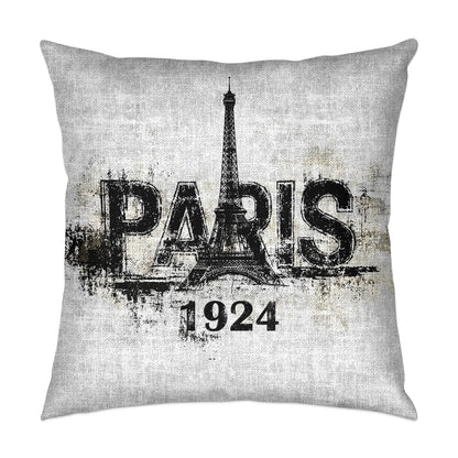 Paris 1924 throw pillow featuring Eiffel Tower artwork, made from soft poly-poplin fabric with insert and hidden zipper.