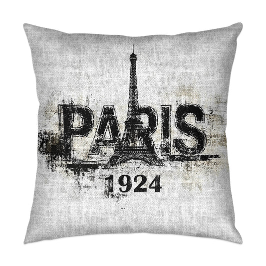 Paris 1924 throw pillow featuring Eiffel Tower artwork, made from soft poly-poplin fabric with insert and hidden zipper.