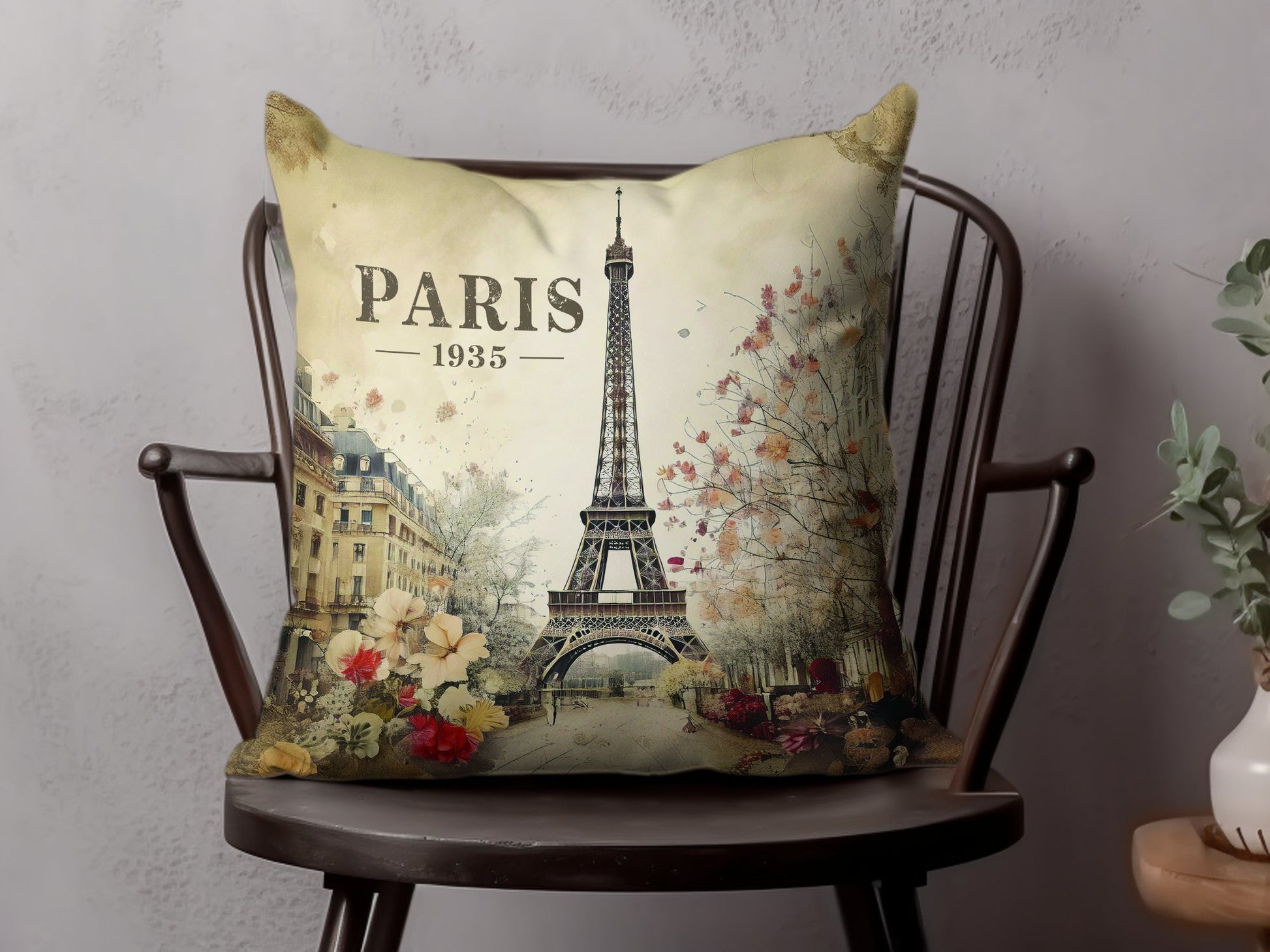 Paris 1935 decorative throw pillow with vintage artwork printed on both sides, made from quality poly-poplin fabric.