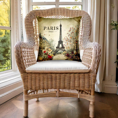 Paris 1935 throw pillow featuring a vintage cityscape, crafted from soft poly-poplin fabric with a hidden zipper and insert.