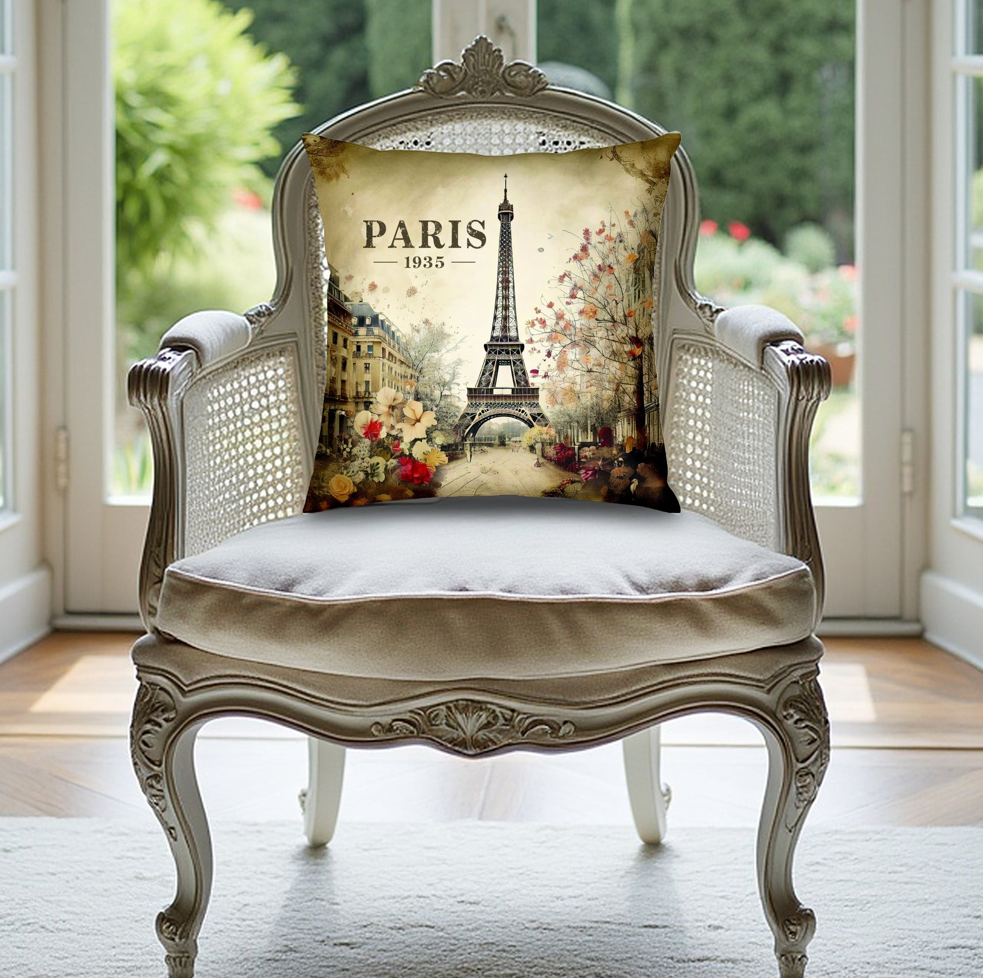Paris 1935 throw pillow showcases vintage Parisian streets, crafted with soft poly-poplin fabric and hidden zipper.