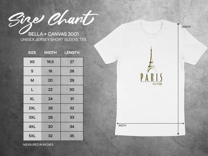 Size chart for Paris City of Light T-Shirt showing S–3XL measurements in inches, including chest width and body length.