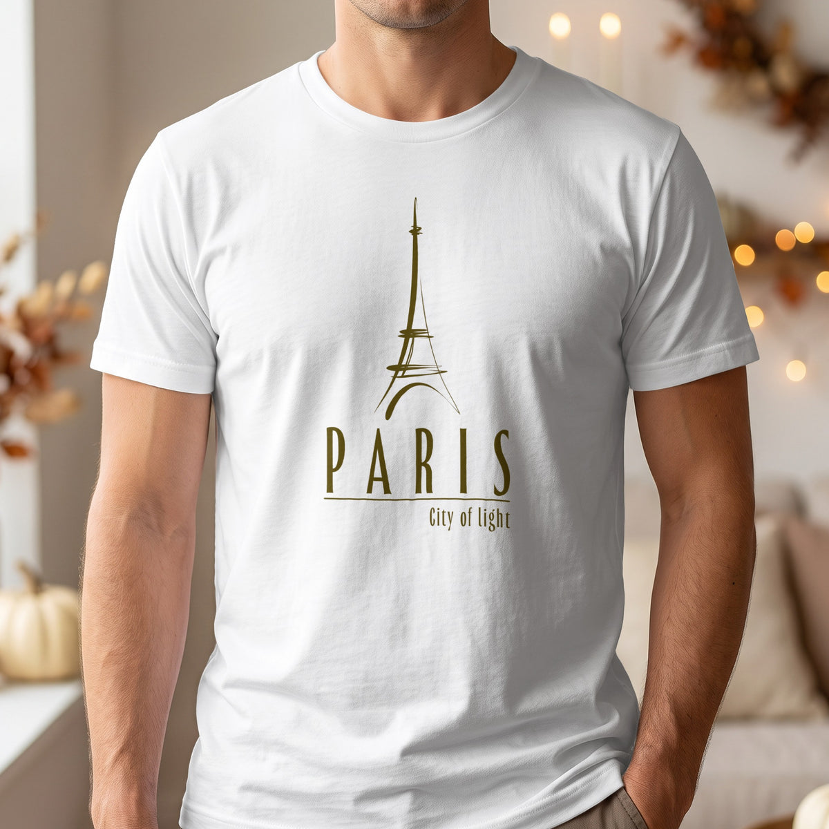 Paris City of Light T-Shirt featuring a hand-drawn Eiffel Tower, olive-brown PARIS lettering and refined City of Light typography.