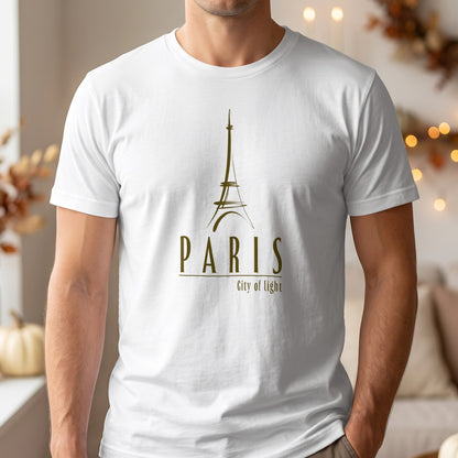 Paris City of Light T-Shirt featuring a hand-drawn Eiffel Tower, olive-brown PARIS lettering and refined City of Light typography.