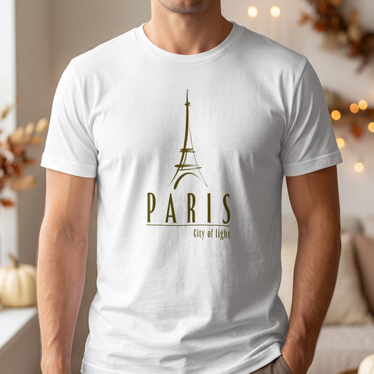 Paris City of Light T-Shirt featuring a hand-drawn Eiffel Tower, olive-brown PARIS lettering and refined City of Light typography.