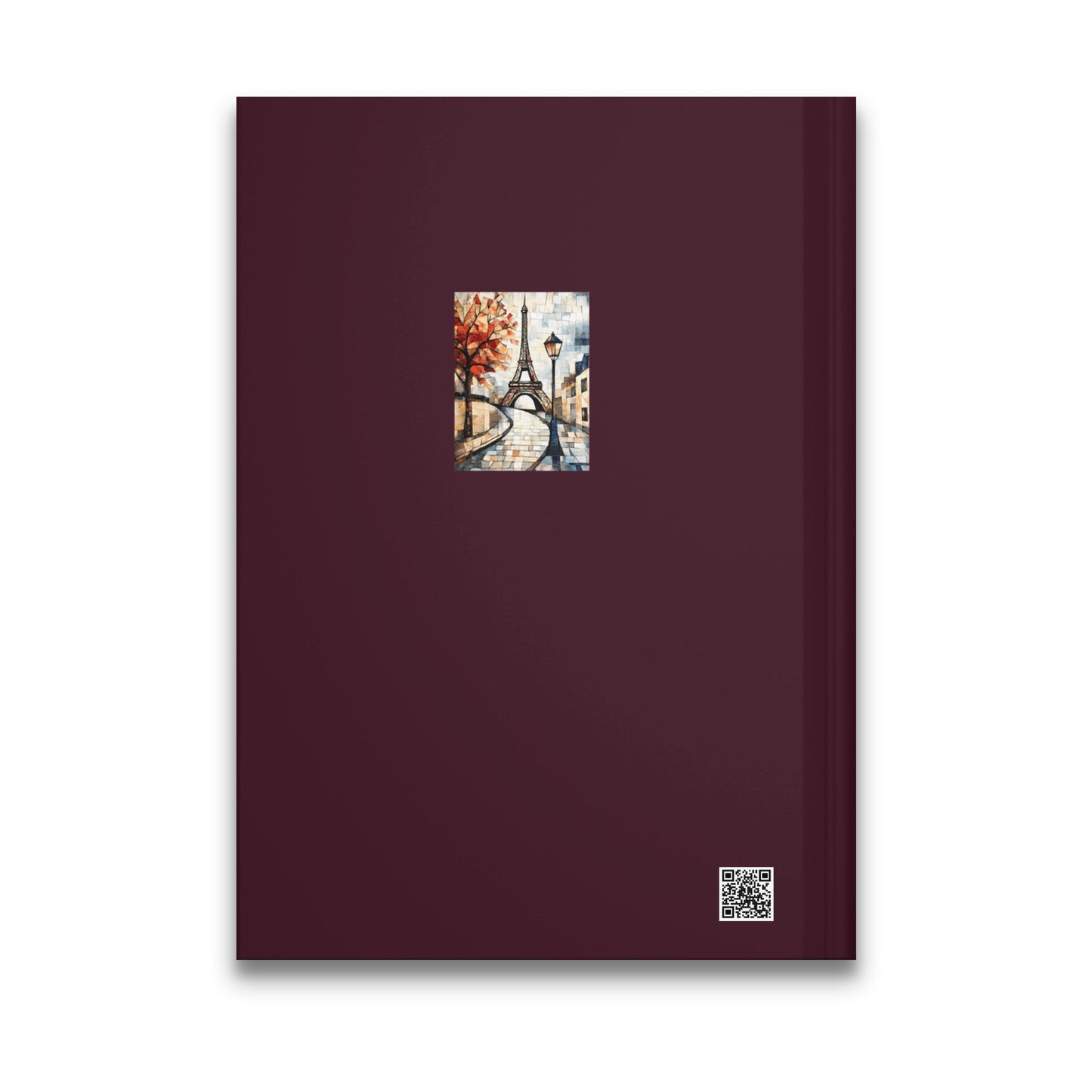 Paris Self Care Journal back cover featuring a smaller Parisian mosaic illustration on burgundy background.