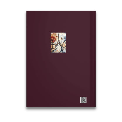 Paris Self Care Journal back cover featuring a smaller Parisian mosaic illustration on burgundy background.