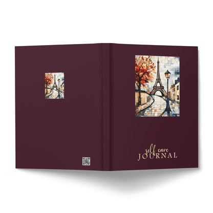 Paris Self Care Journal displaying Eiffel Tower mosaic artwork with coordinating Paris street scene details.