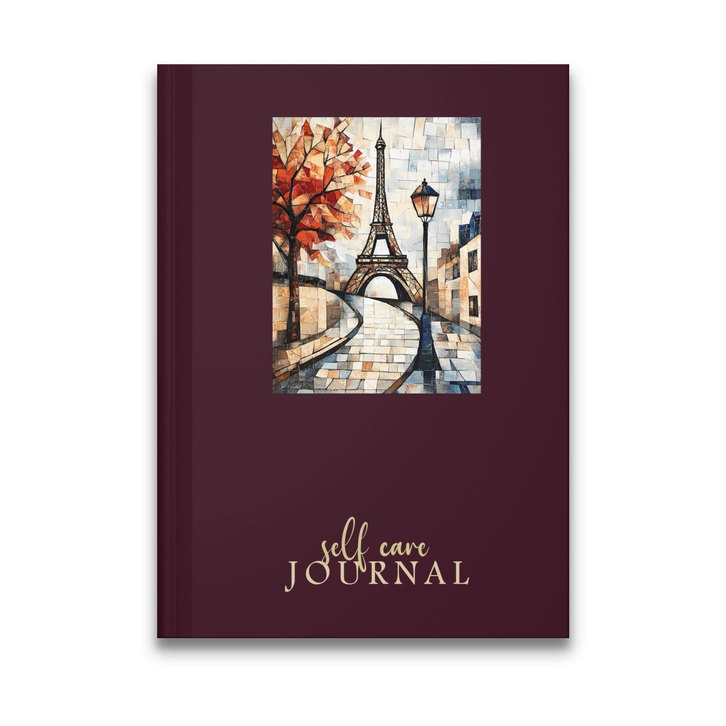 Paris Self Care Journal featuring a mosaic Eiffel Tower street scene with autumn tree and vintage lamp post.