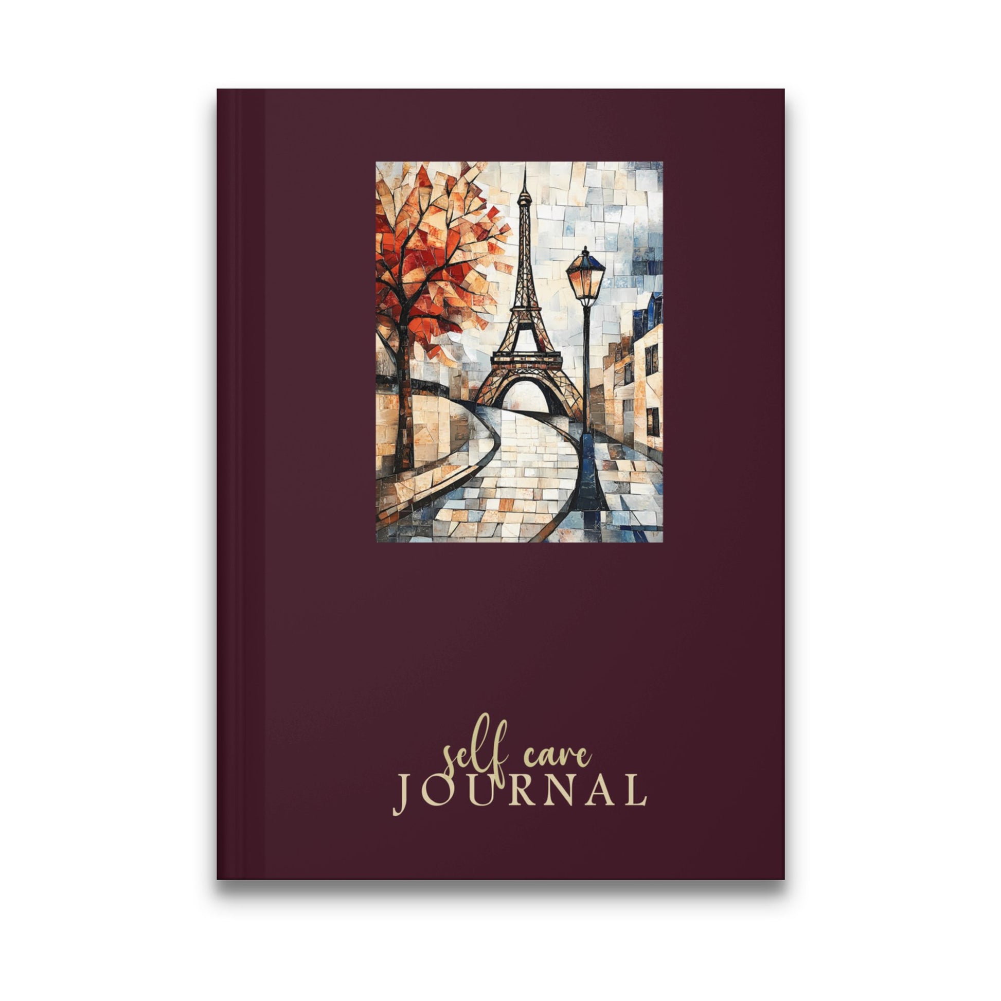 Paris Self Care Journal featuring a mosaic Eiffel Tower street scene with autumn tree and vintage lamp post.