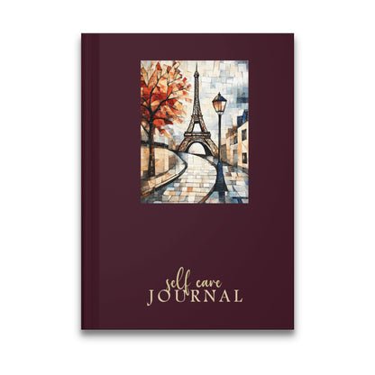 Paris Self Care Journal featuring a mosaic Eiffel Tower street scene with autumn tree and vintage lamp post.