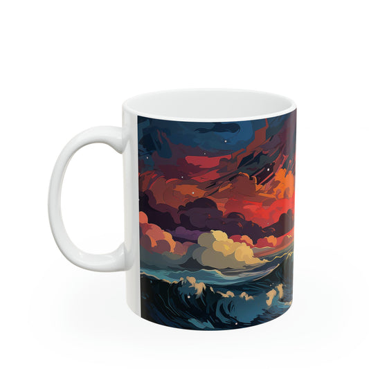 11oz ceramic mug featuring a serene pastel lighthouse design, perfect for enjoying your favourite beverage