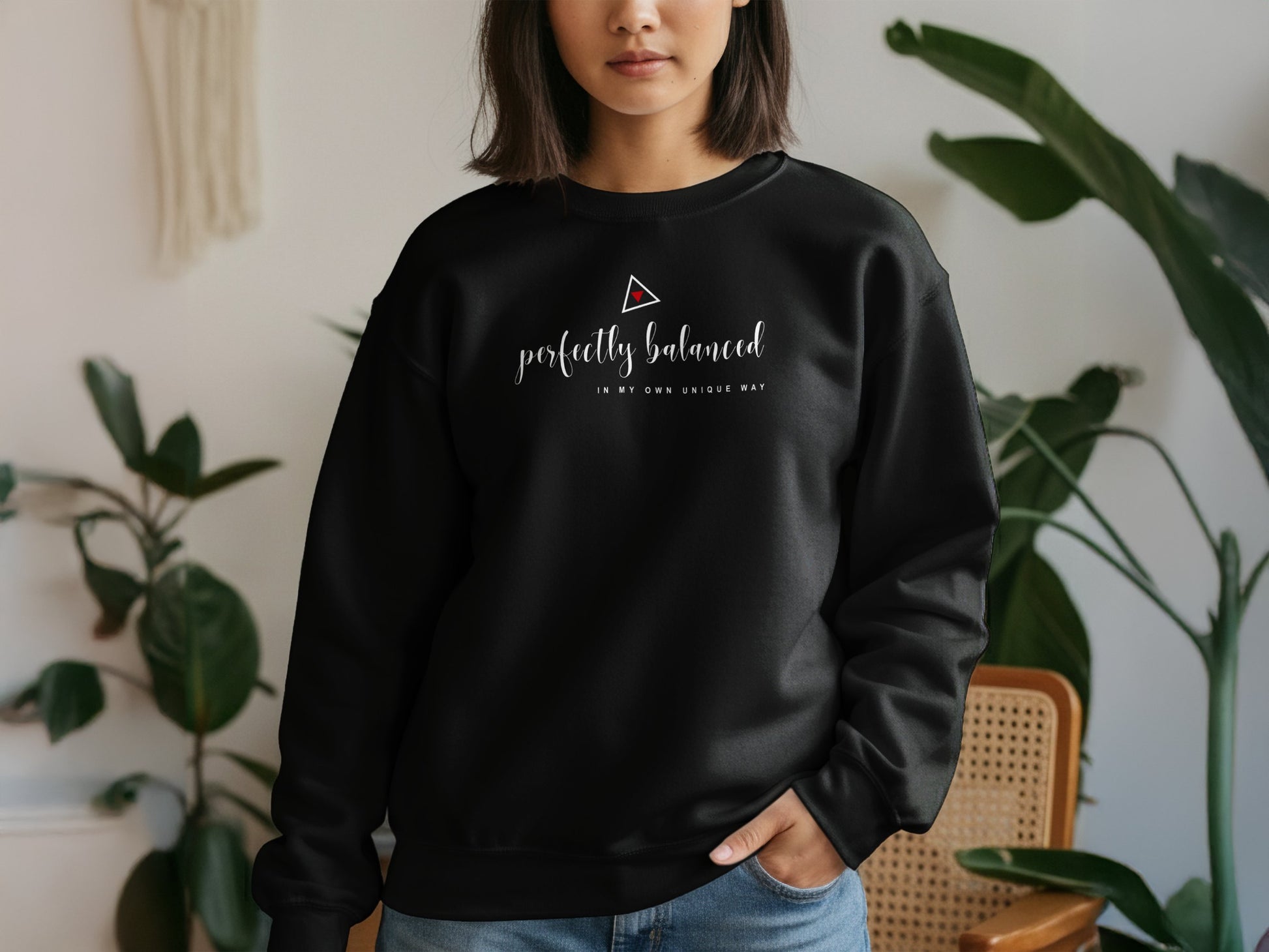 Black cotton-blend sweatshirt with empowering perfectly balanced in my own unique way design, long sleeves, and cozy fit.