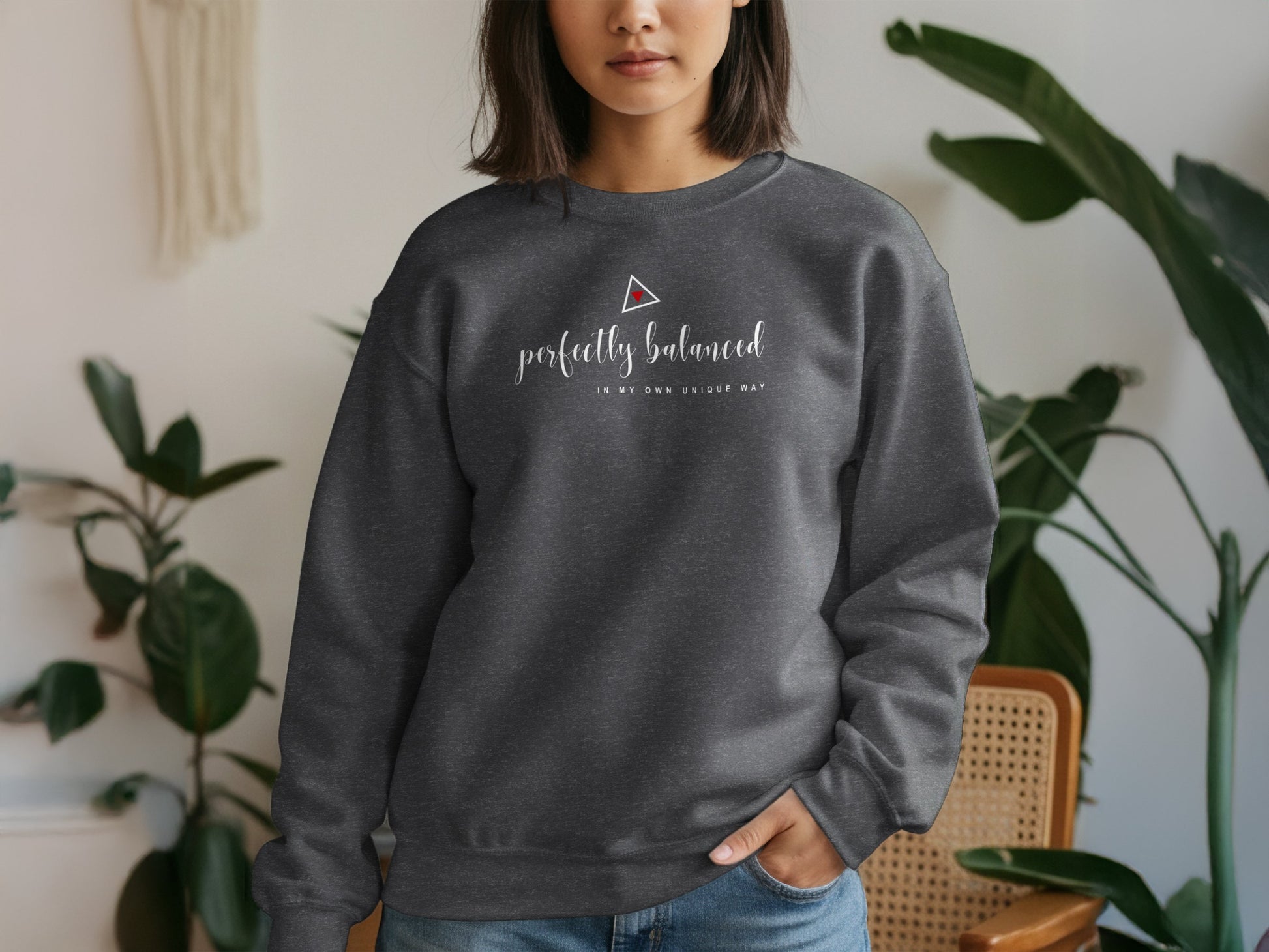 Dark heather crewneck sweatshirt featuring perfectly balanced quote design, casual fit, soft texture, and durable construction.