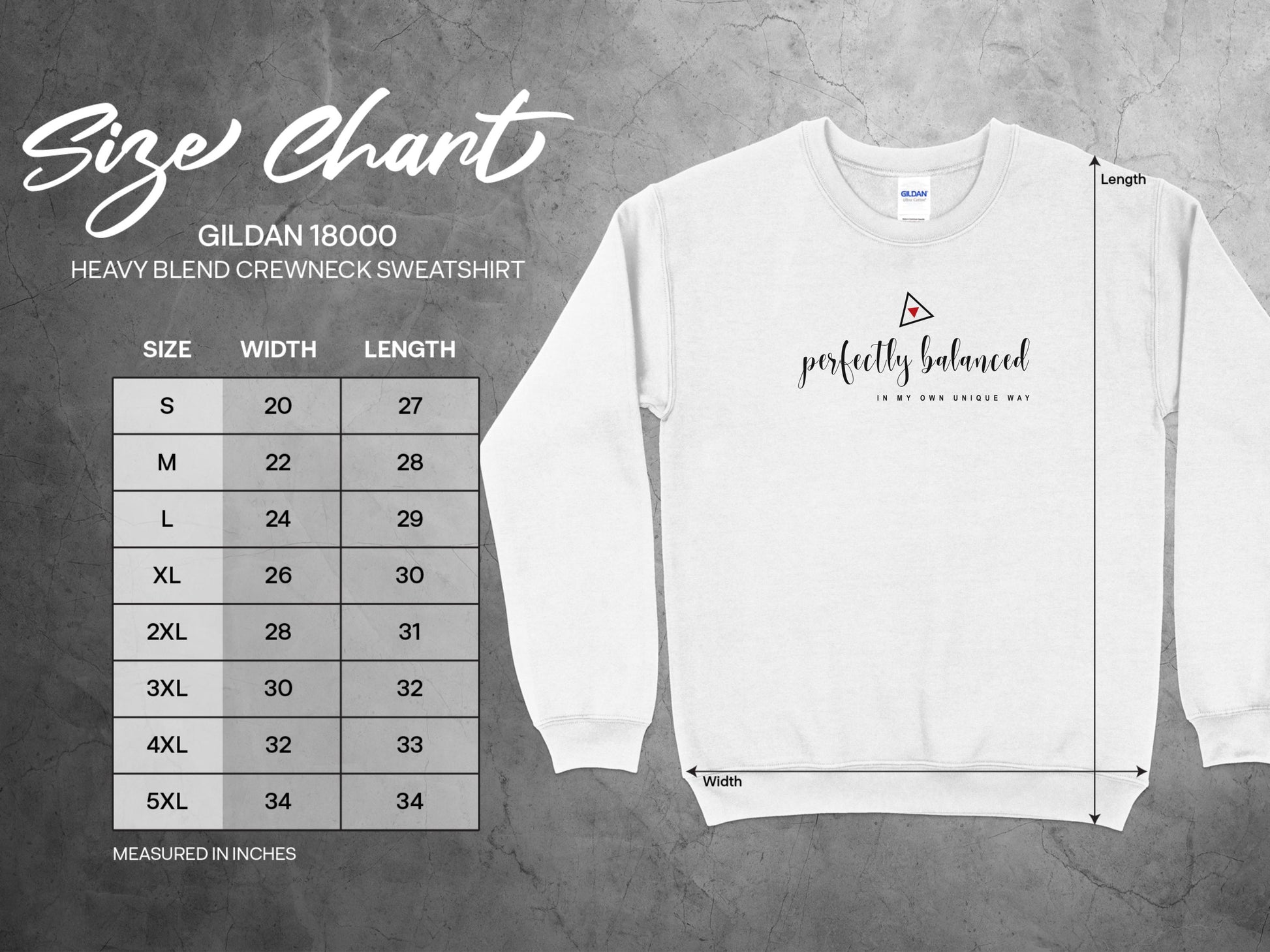 Detailed size chart for perfectly balanced sweatshirt showing chest, sleeve, and length measurements for unisex fit.