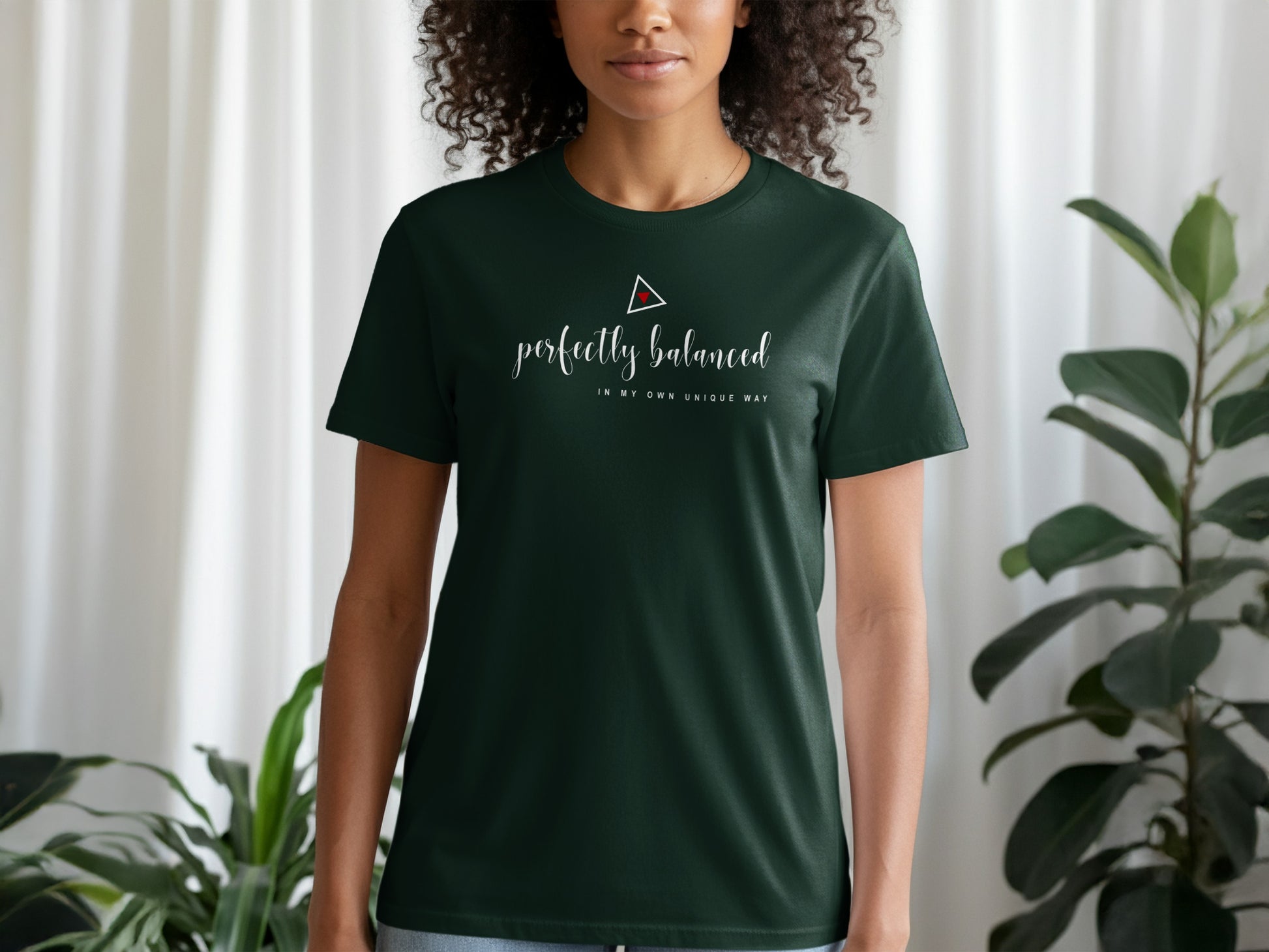 Forest green Perfectly Balanced Tee with grounding tones, spiritual balance motif, and soft unisex comfort.