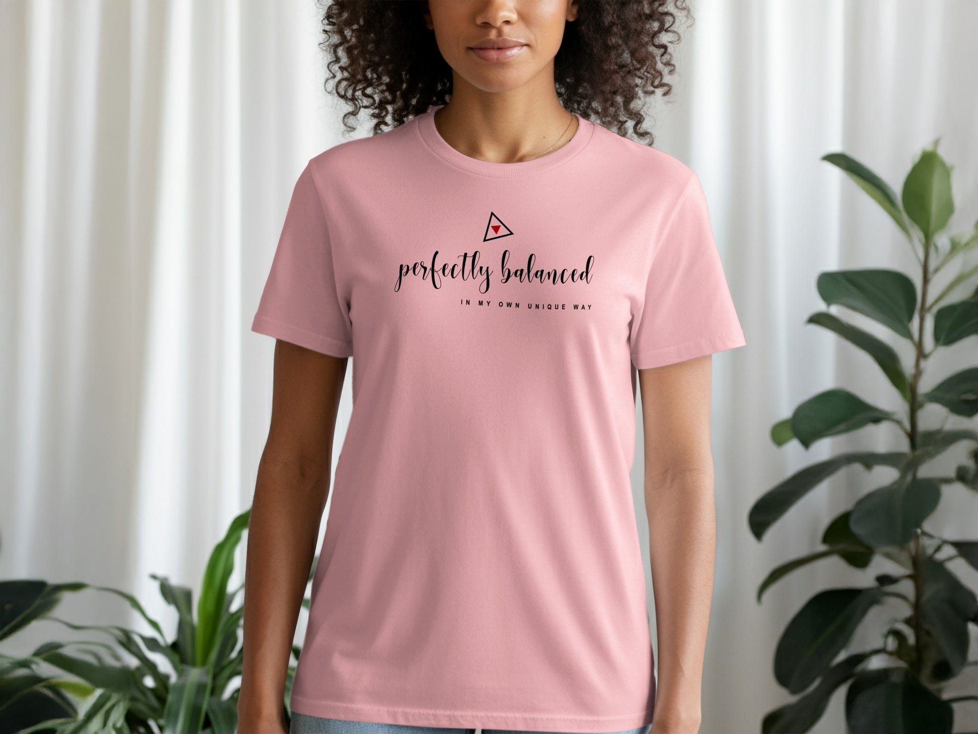 Pink Perfectly Balanced short sleeve t-shirt with inspirational balance print, soft fabric, and calming, motivational vibe.