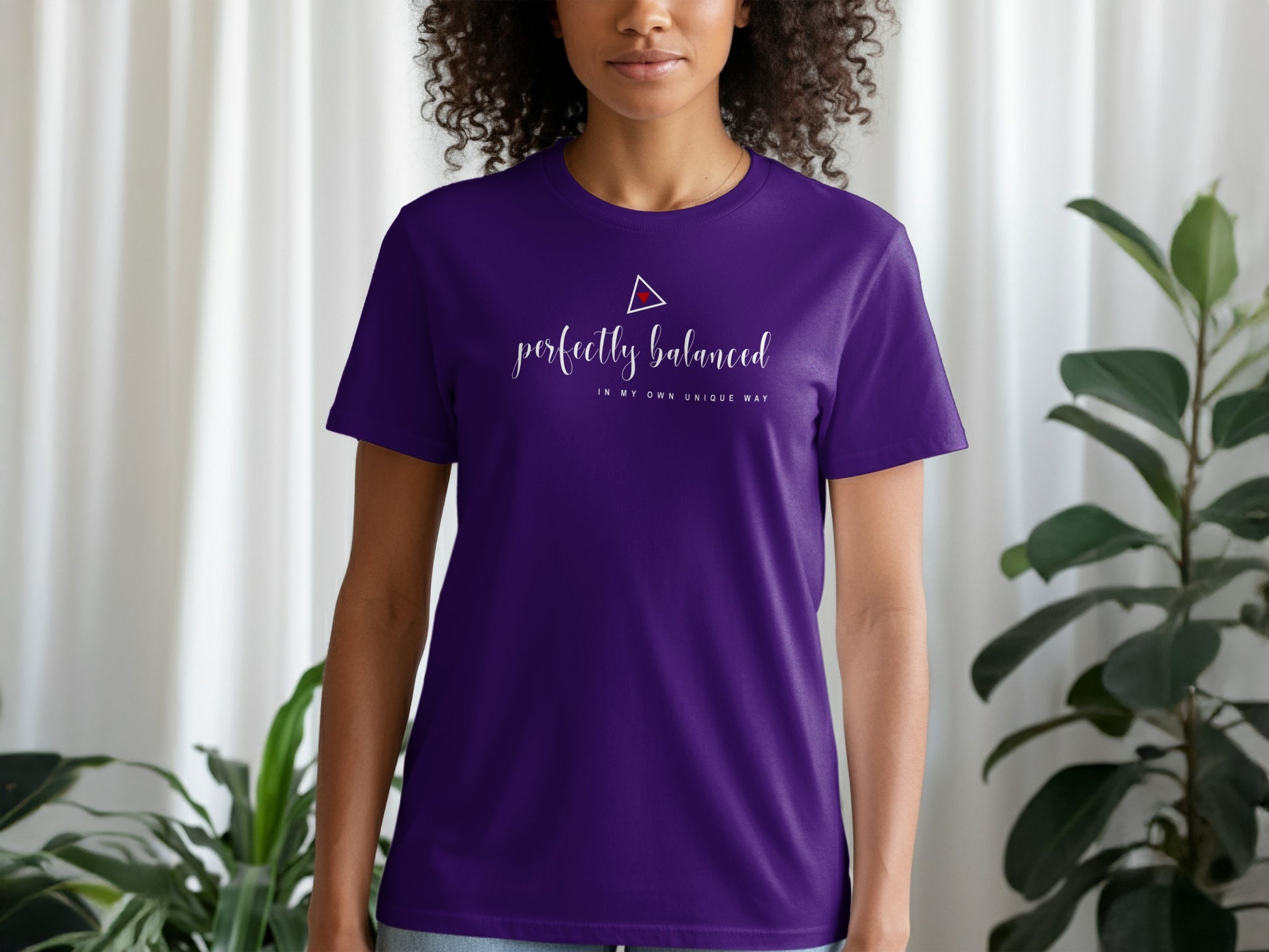 Purple Perfectly Balanced T-Shirt with self-improvement inspired print, relaxed fit, and self-empowering everyday style.