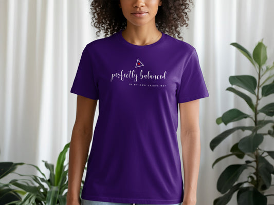 Purple Perfectly Balanced T-Shirt with self-improvement inspired print, relaxed fit, and self-empowering everyday style.