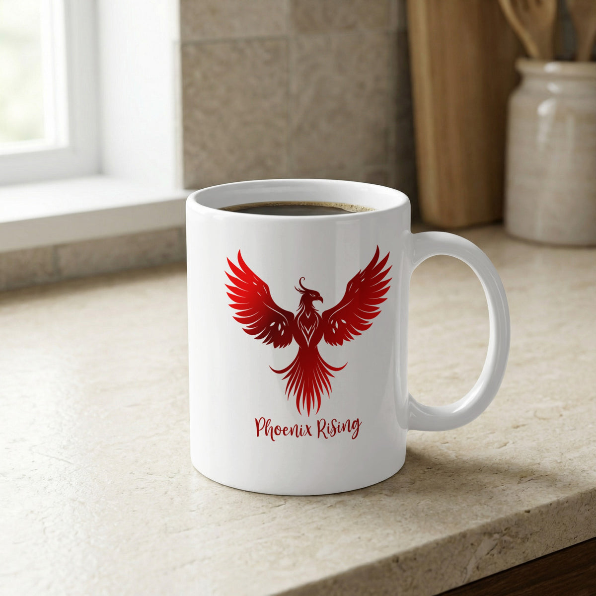 11oz ceramic Phoenix Rising Mug with a red phoenix rising upward, fine feather detailing and a clean white background.
