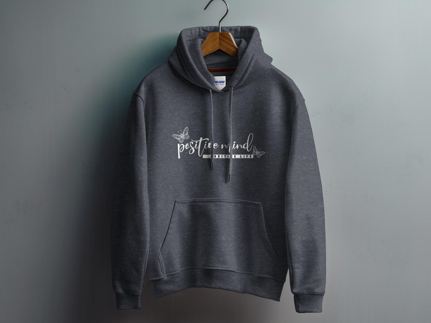 Dark Heather Grey Positive Mind Positive Life Hoodie showcasing bold Positive Life text with script lettering above.