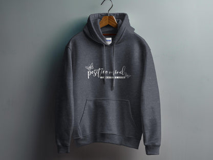 Dark Heather Grey Positive Mind Positive Life Hoodie showcasing bold Positive Life text with script lettering above.