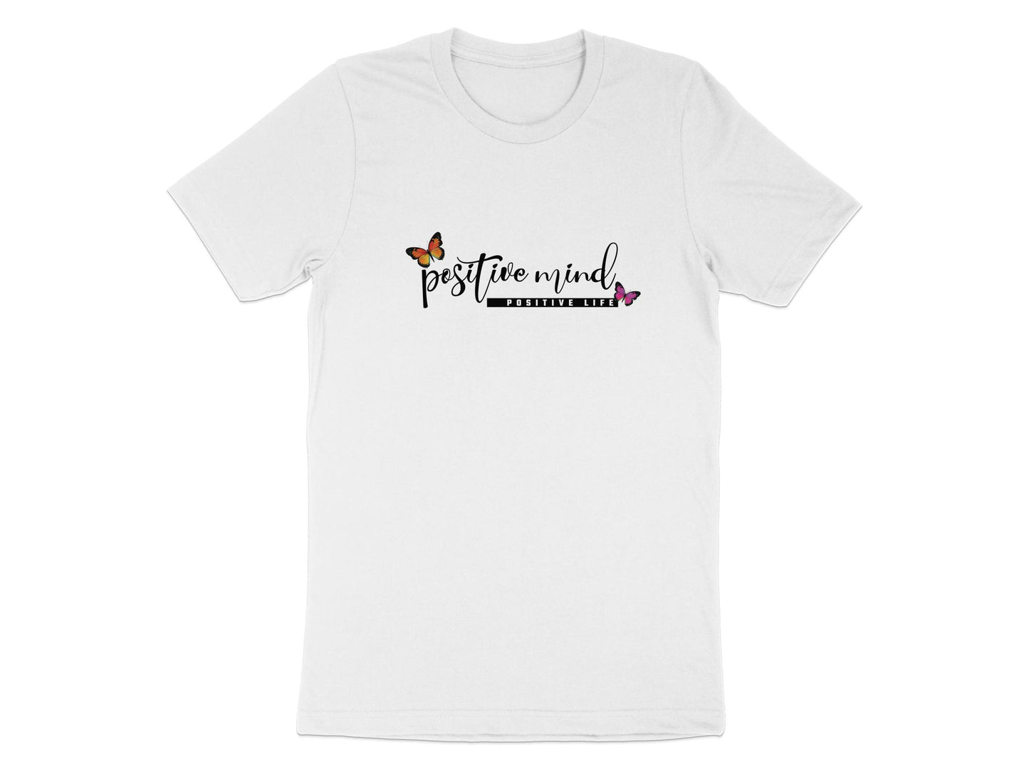 White Positive Mind Positive Life tee, lightweight cotton with crew neck and relaxed fit