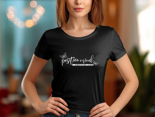 Positive Mind Positive Life T-shirt in soft cotton, short sleeve crew neck design for mindful everyday wear