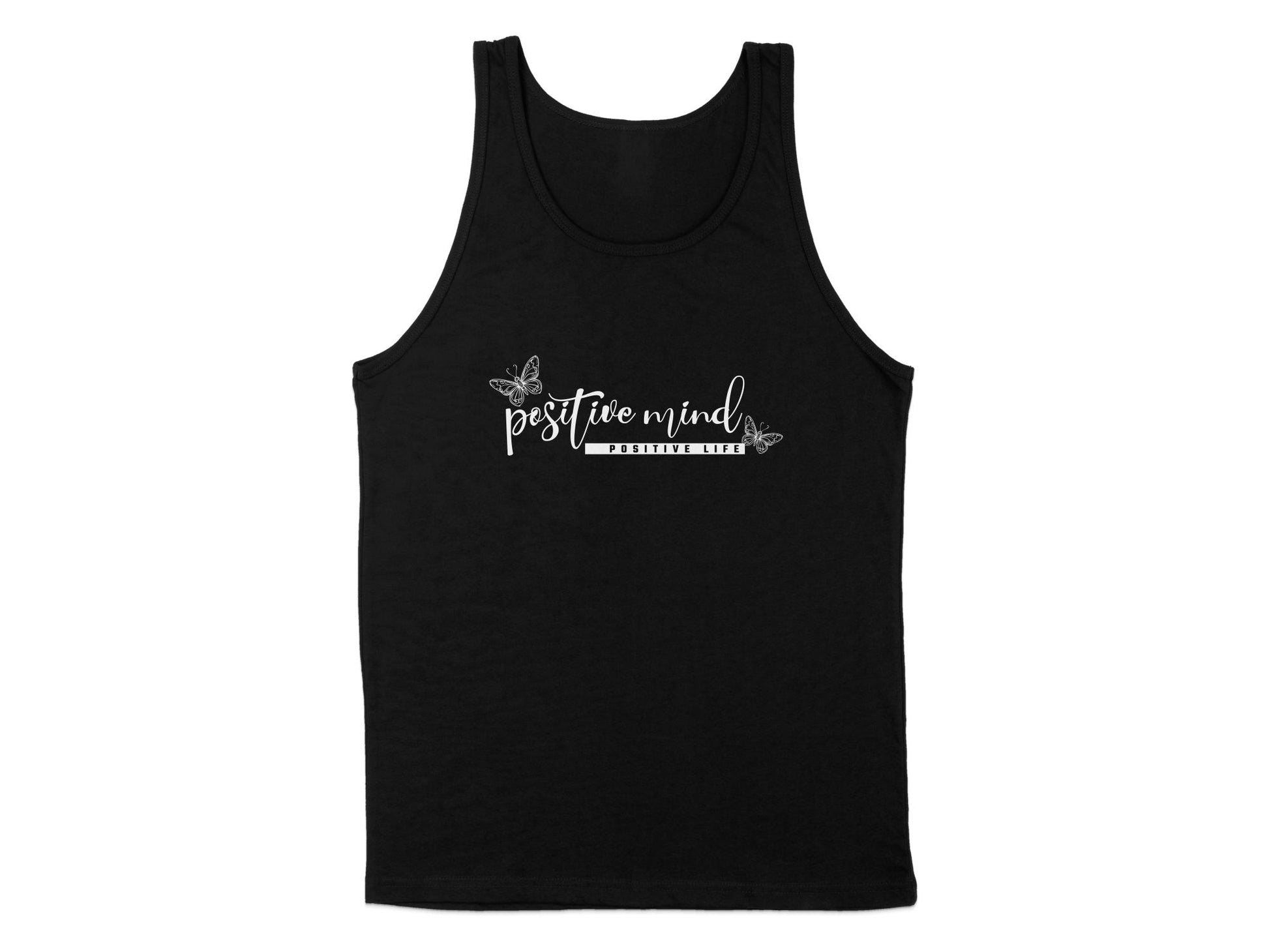 Black Positive Mind Life Tank Top, sleeveless, scoop neck, with a motivational graphic promoting a positive mindset.