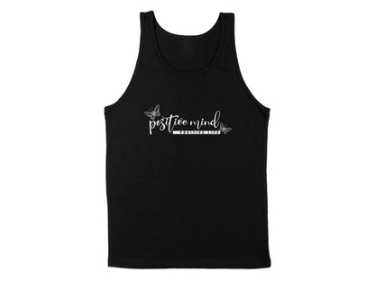 Black Positive Mind Life Tank Top, sleeveless, scoop neck, with a motivational graphic promoting a positive mindset.