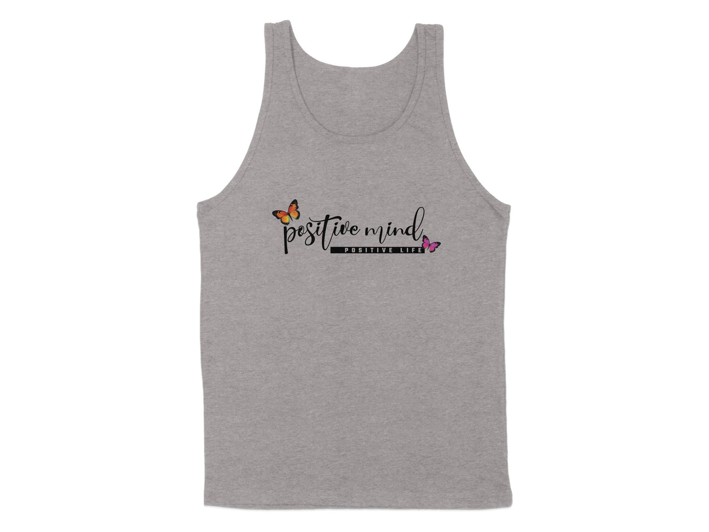 Athletic Heather Positive Mind Life Tank Top, sleeveless, scoop neck, with a graphic to inspire positivity & inner strength.