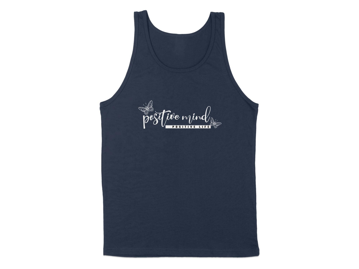Navy Positive Mind Life Tank Top, sleeveless, scoop neck, featuring an uplifting graphic for a positive lifestyle.