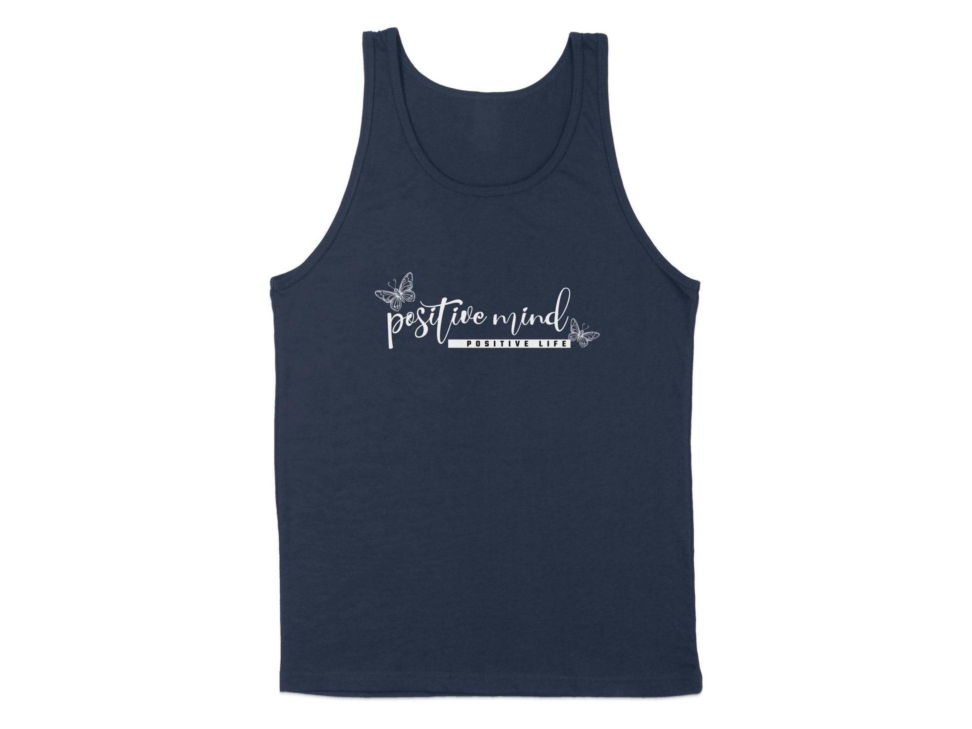 Navy Positive Mind Life Tank Top, sleeveless, scoop neck, featuring an uplifting graphic for a positive lifestyle.
