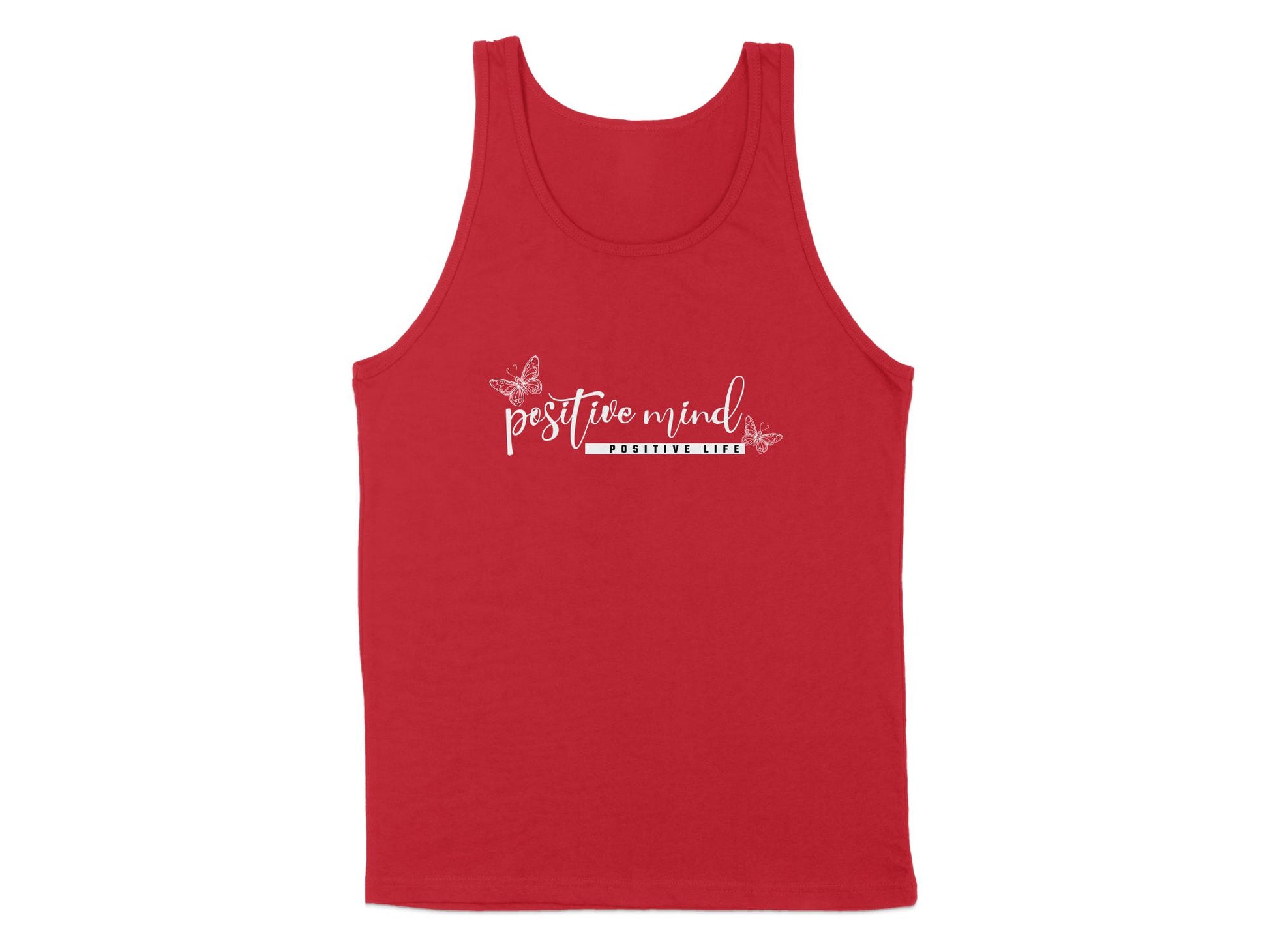 Red Positive Mind Life Tank Top, sleeveless, scoop neck, with a vibrant graphic encouraging a positive outlook on life.