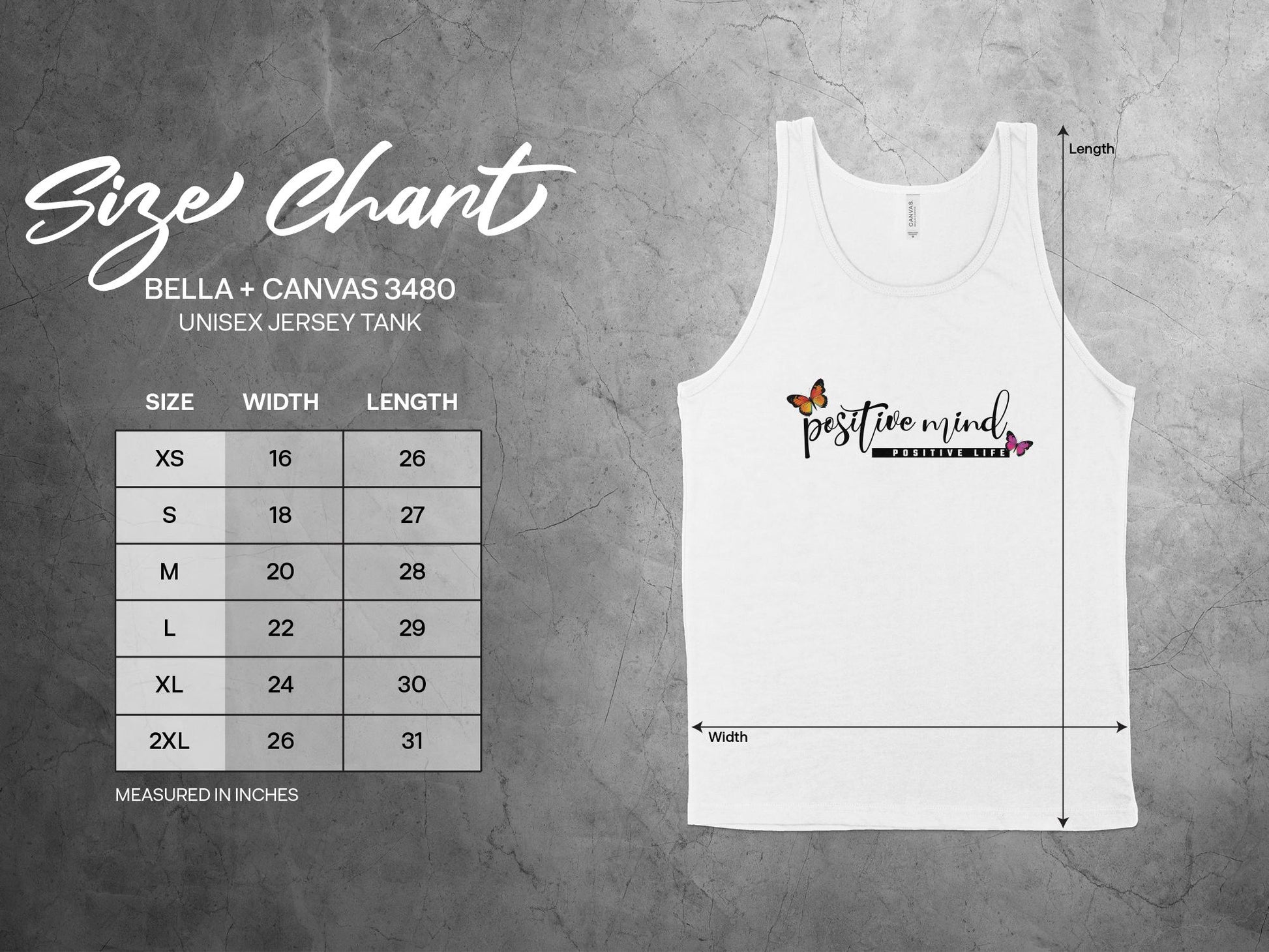 Positive Mind Life Tank Top size chart, from small to 2XL, designed for a comfortable and unisex fit for all body types.