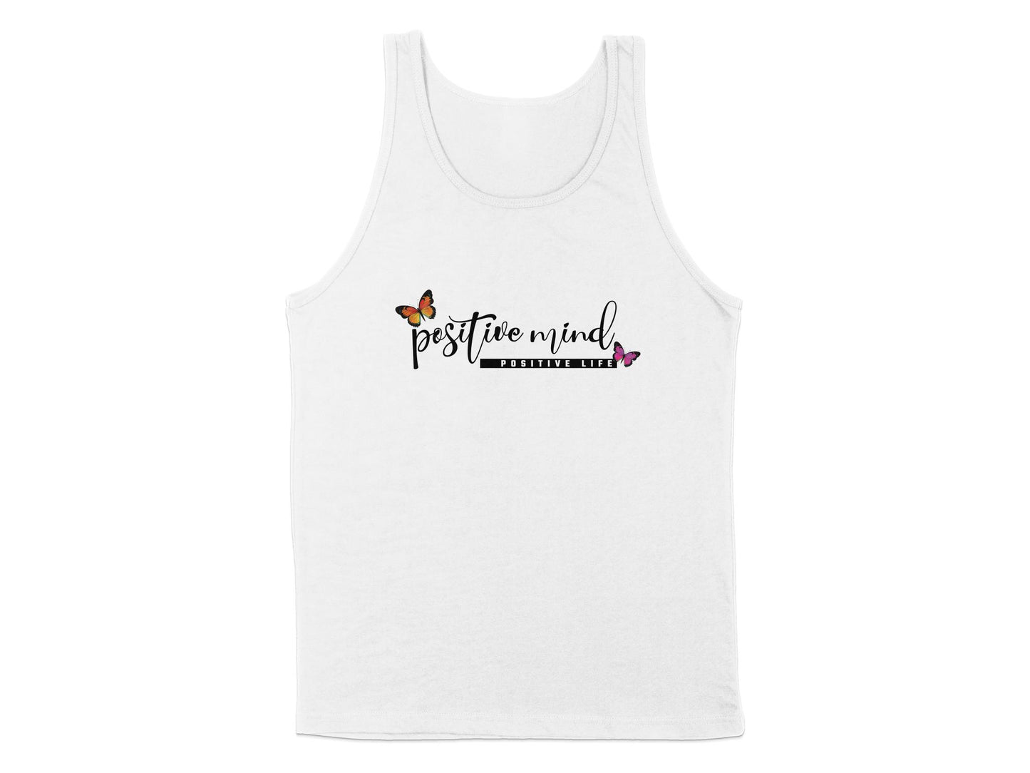 White Positive Mind Life Tank Top, sleeveless, scoop neck, with a clean graphic to promote a mindset of positivity.