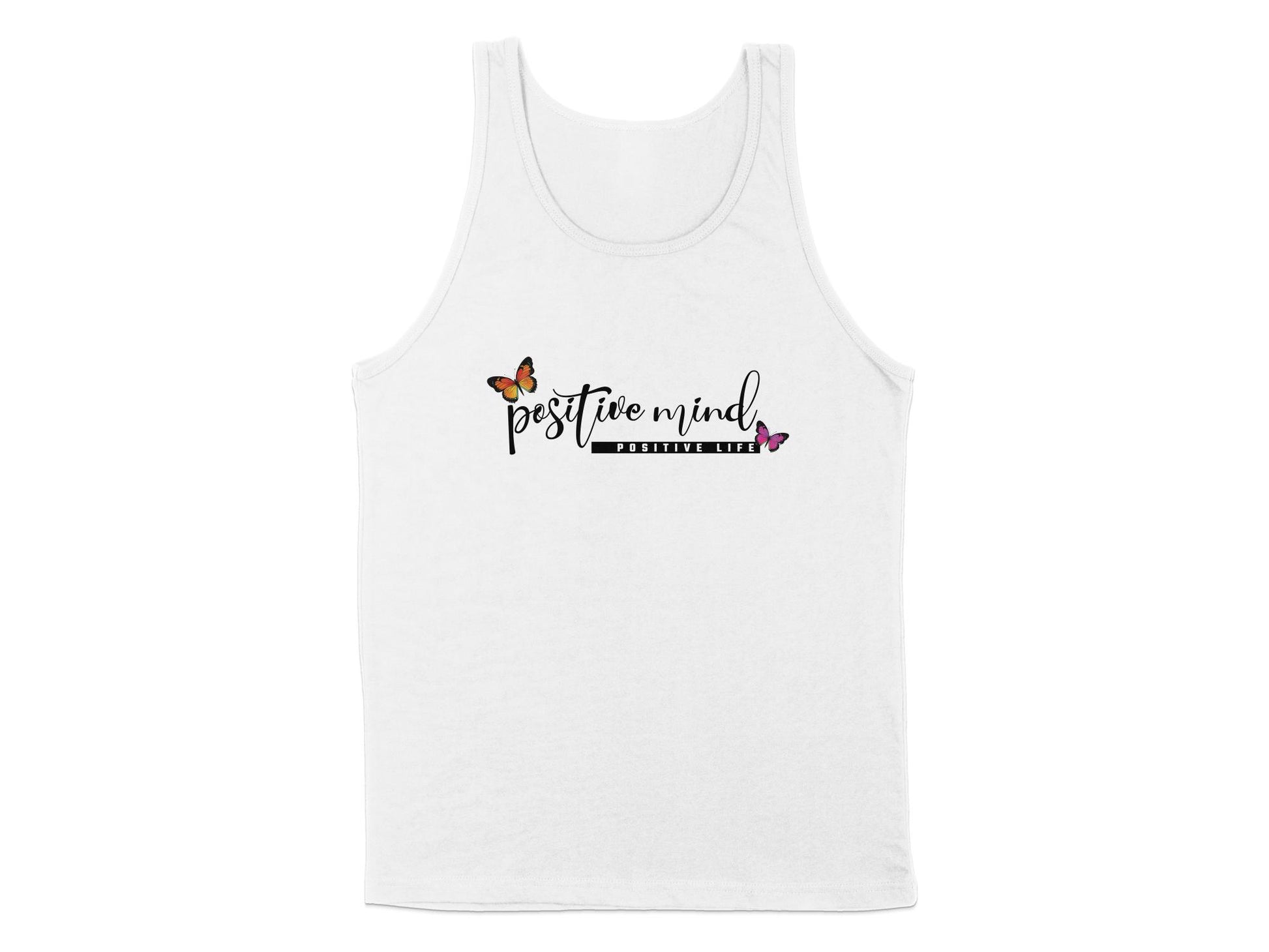 White Positive Mind Life Tank Top, sleeveless, scoop neck, with a clean graphic to promote a mindset of positivity.