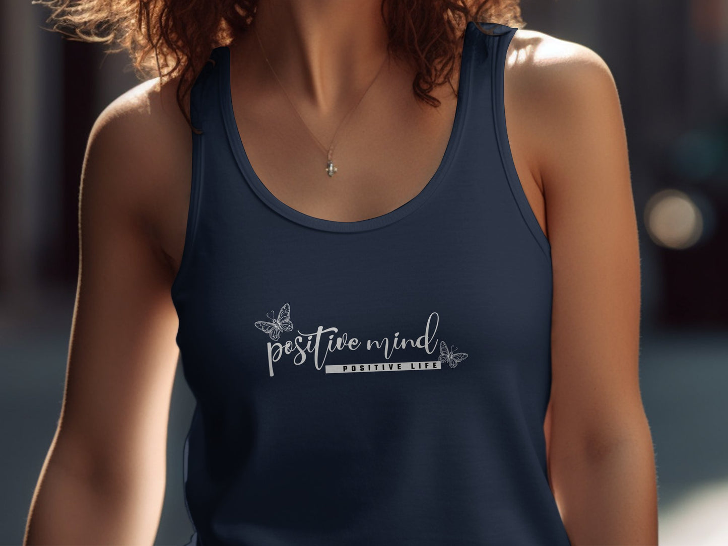 Positive Mind Life Tank Top, sleeveless, scoop neck, with a motivational graphic to inspire positive thinking and a fulfilling life.