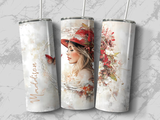 Custom name skinny tumbler with elegant female portrait, red flowers, and butterfly artwork.