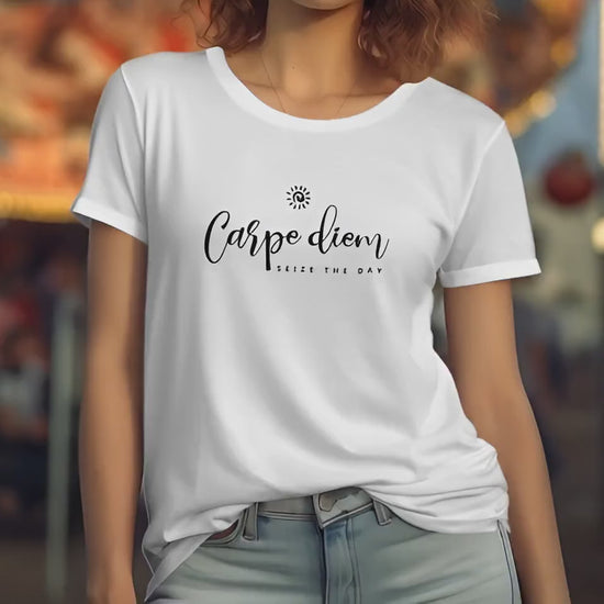Video showing Carpe Diem crew neck tee in white, cotton fabric and short sleeves for statement style.