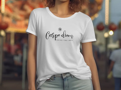 Video showing Carpe Diem crew neck tee in white, cotton fabric and short sleeves for statement style.