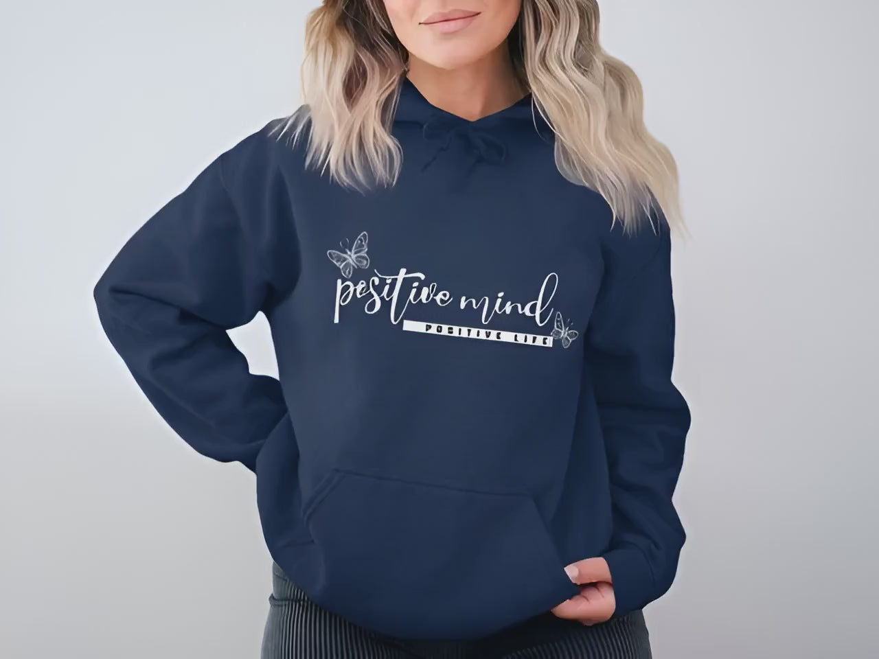 Video of Positive Mind Positive Life Hoodie with trendy unisex fit.
