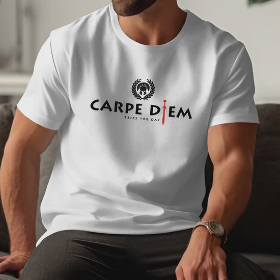 Video showing Seize the Day graphic t-shirt with front motivational statement design.