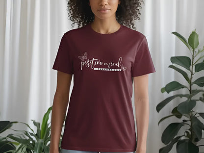 Video of positive mind positive life short sleeve crew neck t-shirt.